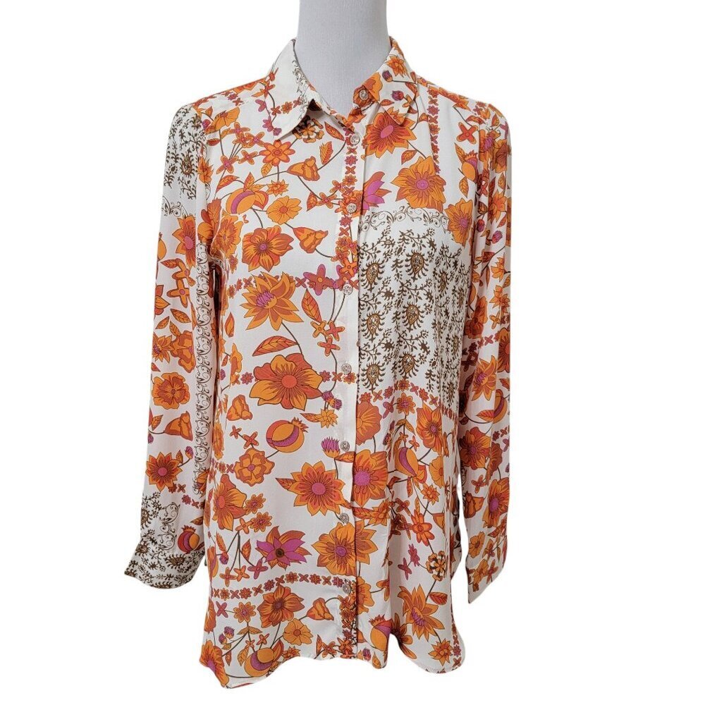 Rose + Olive Size S Cream with Autumn Floral Mixed Pattern Long Sleeve Blouse